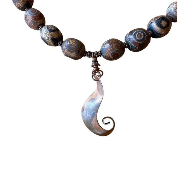 Handcrafted Beaded Necklace Tibetan Beads & Copper Swirl Pendant - Picture 2 of 4